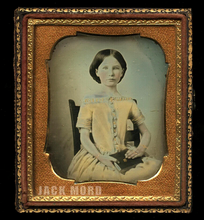 Load image into Gallery viewer, 1/6 Daguerreotype Pretty Girl Painted Gold Jewelry Tinted Yellow Dress! Old Seal
