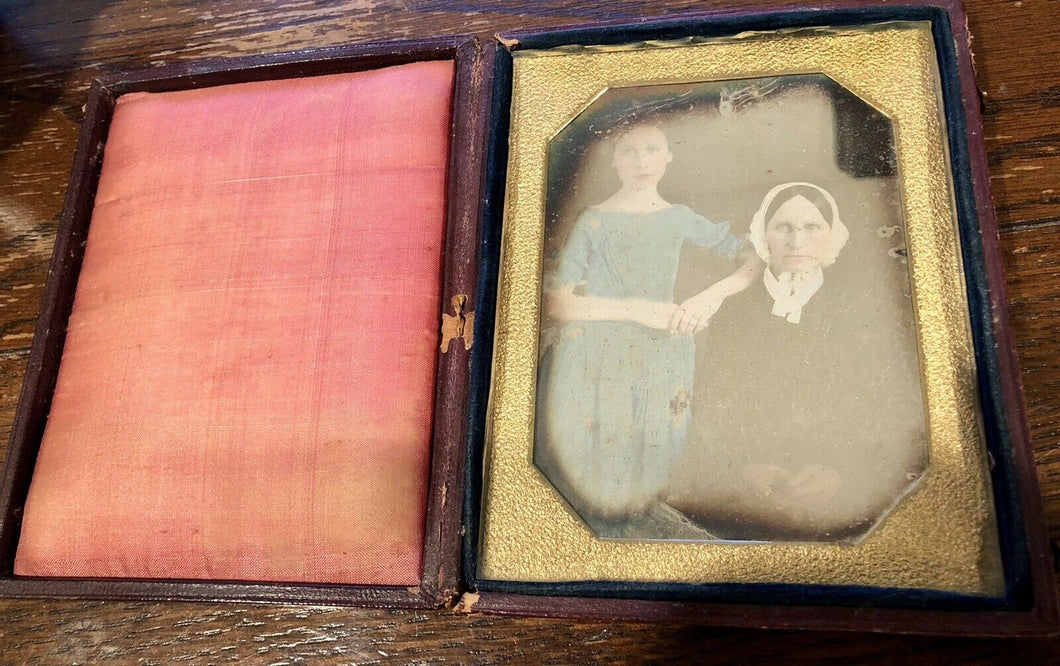 1/4 Daguerreotype Tinted Blue Dress Girl & Mother 1840s