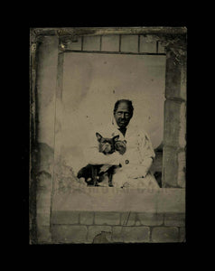 Unusual & Creepy Antique Tintype Photo Black face Man with Dog ! French Bulldog?