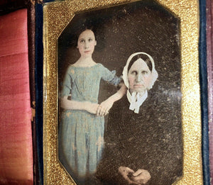 1/4 Daguerreotype Tinted Blue Dress Girl & Mother 1840s