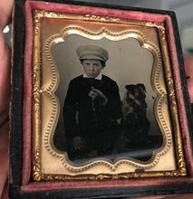 Load image into Gallery viewer, Little Boy in Cap Holding His Dog on Leash, 1/9 Ambrotype
