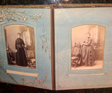 Load image into Gallery viewer, large antique album with 18 photos and IDs beautiful decorated pages
