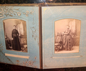 large antique album with 18 photos and IDs beautiful decorated pages