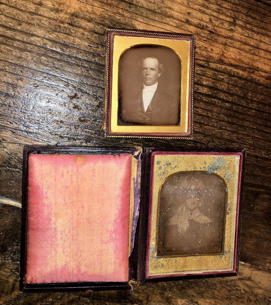 Two Daguerreotypes 1840s, 1850s 1/4 Plate Painting + Sealed 1/6 Plate of a Man