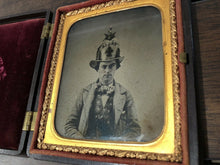 Load image into Gallery viewer, Antique 1850s Ambrotype Photo Fireman in ALERT Lion Helmet 4 HOSE + Firemen Case
