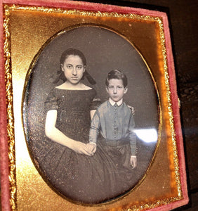 1/6 Daguerreotype in Union Case / Tinted Siblings Holding Hands, Boy & Girl