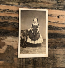 Load image into Gallery viewer, 1860s cdv photo cute little ID&#39;d girl wearing dress &amp; apron, civil war tax stamp
