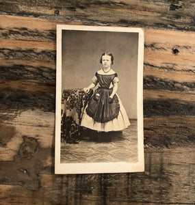 1860s cdv photo cute little ID'd girl wearing dress & apron, civil war tax stamp