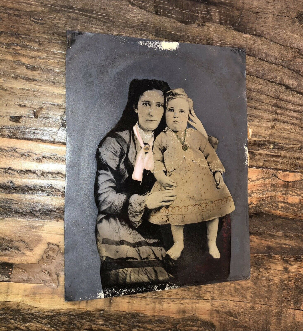 beautiful painted folk art tintype long hair woman holding child original mats