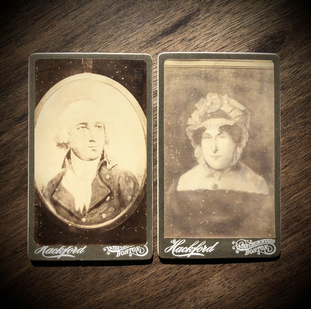Two CDV Photos Revolutionary War Era Man & Woman Locket & Painting Portraits
