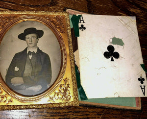Ambrotype Handsome Man Wearing Hat Tinted Cheeks 1850s - Ace of Clubs Card??