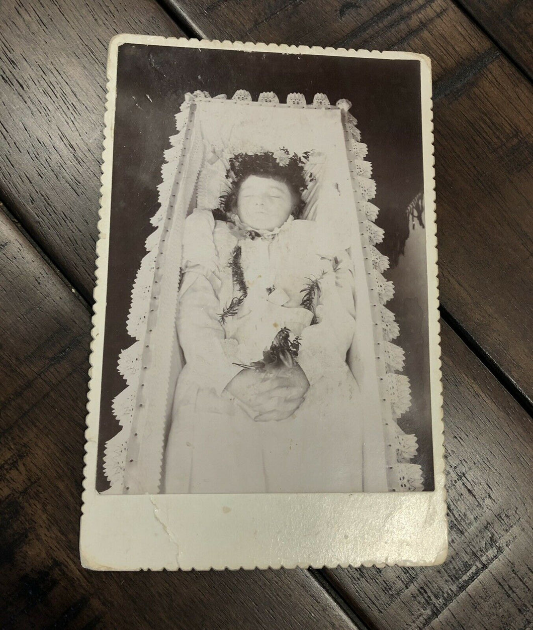 Circa 1890 Cabinet Card Little Girl in Coffin Kind of Odd