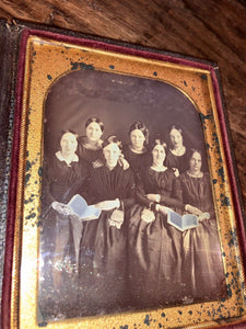 Wonderful 1840s Daguerreotype Women Holding Open Books Bead Purses Prayer Group?
