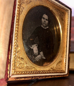 1/6 daguerreotype of woman velvet book style case & poem clipping 1850s