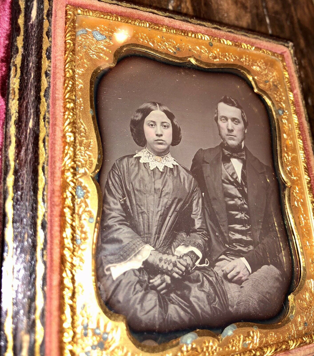 1850s Daguerreotype Handsome Man & Pretty Wife Fancy Mat Full Leather Case