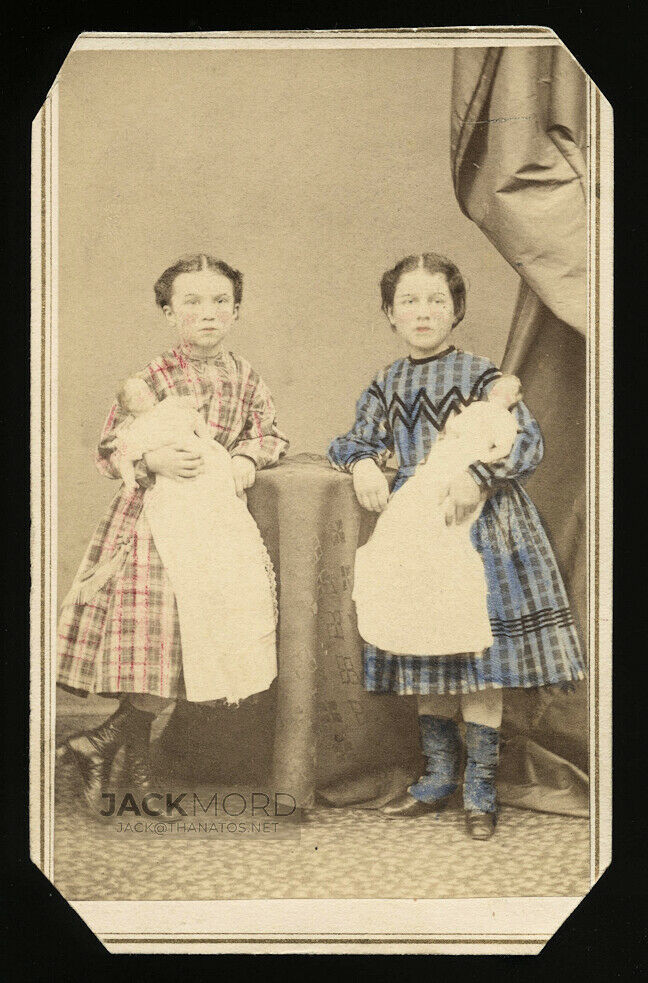 1860s Brooklyn New York Girls (Cousins) Holding Dolls, Tinted Dresses, ID'd