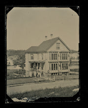 Load image into Gallery viewer, NICE 1/4 AMBROTYPE PHOTO BUSY HOUSE / HOTEL OUTDOOR SCENE LAKE &amp; BOAT
