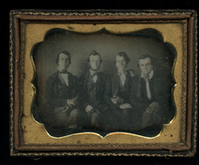 Load image into Gallery viewer, 1/4 Daguerreotype of Four Men one Holding a Book Another a Cane 1850s
