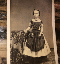 Load image into Gallery viewer, 1860s cdv photo cute little ID&#39;d girl wearing dress &amp; apron, civil war tax stamp
