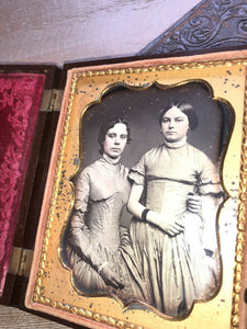 Beautiful 1/4 Daguerreotype Sisters One Wearing Mourning Bands, A+ Union Case