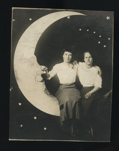 two women or girls on PAPER / PROP MOON - wisconsin 1910s RPPC SOUVENIR Photo