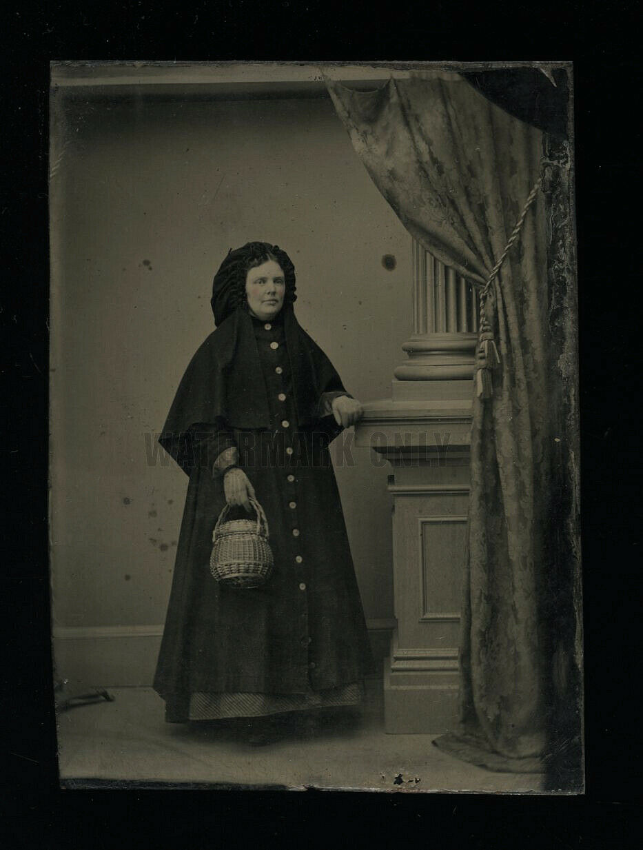 Interesting Tintype Woman Unusual Clothing Holding Woven Lidded Nantucket Basket