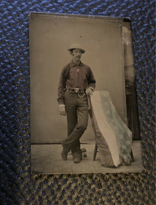 Excellent Antique Tintype Photo Handsome Fireman with Tinted US Flag or Bunting
