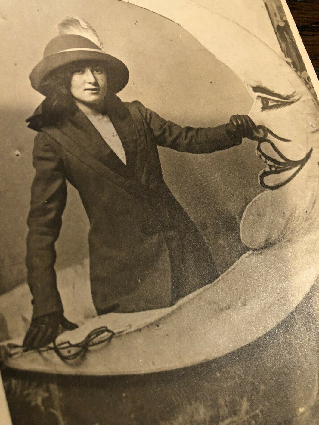 antique 1910s RPPC photo pretty woman & paper moon grabs his nose! coney island