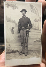 Load image into Gallery viewer, Excellent CDV Armed Civil War Soldier Camp Backdrop Virginia Photographer 1860s
