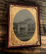 Load image into Gallery viewer, NICE 1/4 AMBROTYPE PHOTO BUSY HOUSE / HOTEL OUTDOOR SCENE LAKE &amp; BOAT
