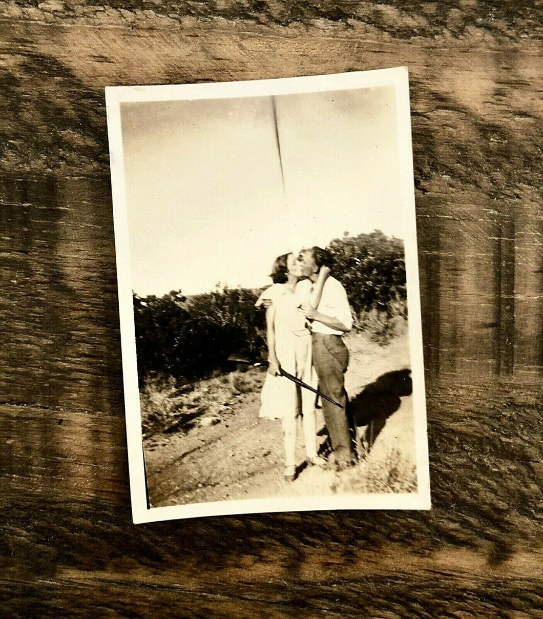 The Other Bonnie & Clyde... Kissing Couple Woman Holding Gun Vtg Snapshot Photo