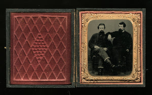 1860s Tintype Photo Two Men Goatee Beards Rolled Up Pants + Civil War Tax Stamp