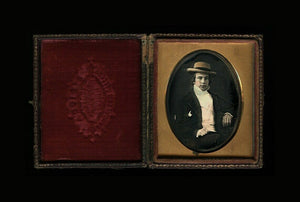 Daguerreotype of Casually Posed Young Man Longish Hair & Hat, Possibly Tinted