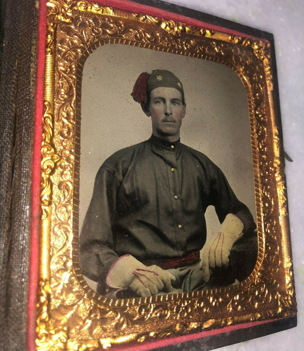 Civil War Zouave Soldier Possible ID - 4th Michigan? 1/6 Ambrotype 1860s Tinted