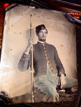 Load image into Gallery viewer, 1/6 Tintype Armed Civil War Soldier Holding Rifle, Tinted Zouave? 1860s Photo

