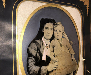 beautiful painted folk art tintype long hair woman holding child original mats