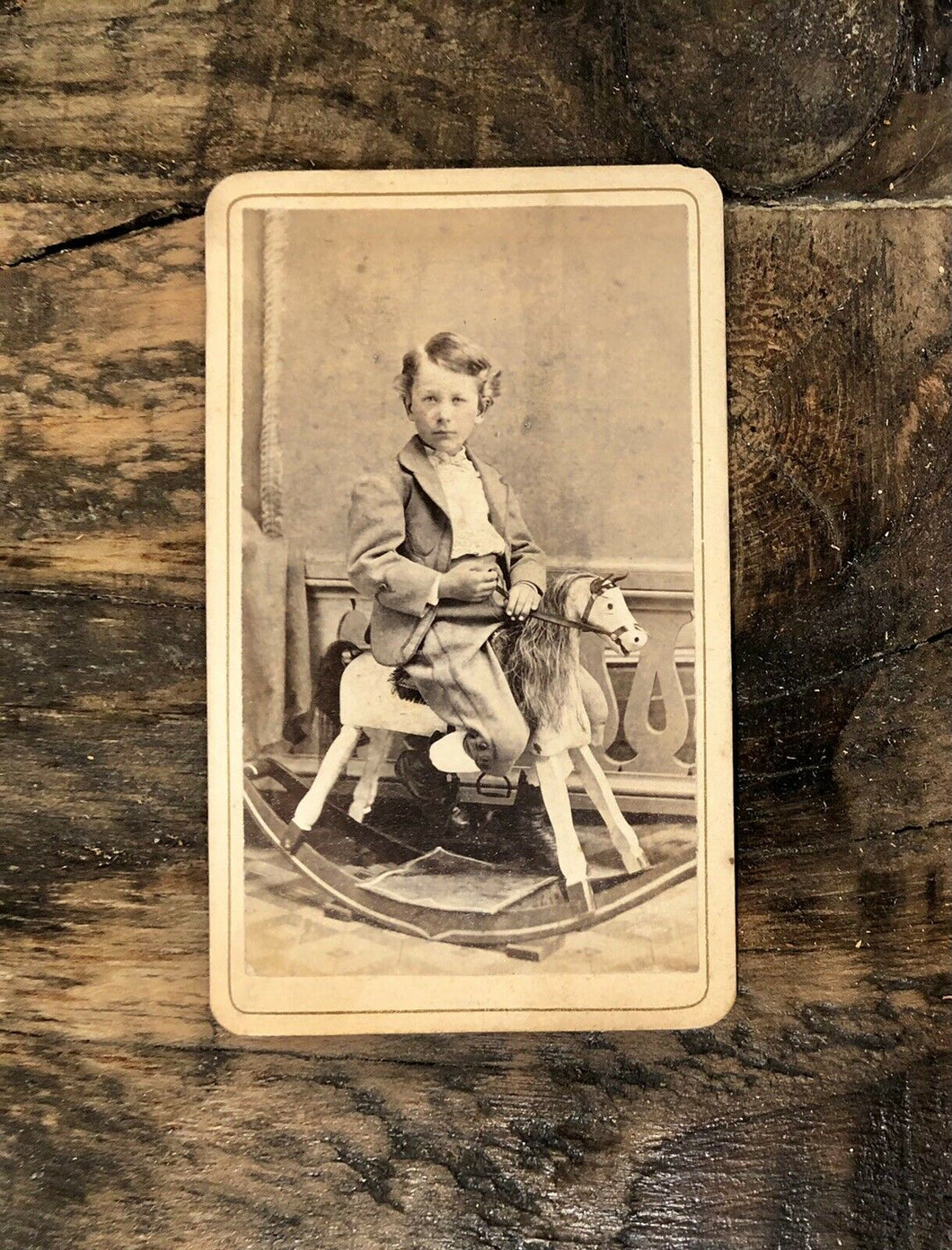 Hackensack New Jersey Boy Too Big for Toy Rocking Horse - 1800s CDV Photo
