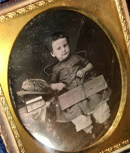 1/6 Daguerreotype Photo Little Boy with Feather Hat Open Book Or Toy 1800s 1850s