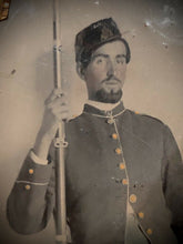 Load image into Gallery viewer, 1/6 Tintype Armed Civil War Soldier Holding Rifle, Tinted Zouave? 1860s Photo

