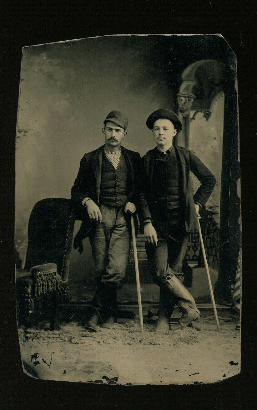 Antique Tintype Photo Men Friends Holding Railroad Tamping Irons