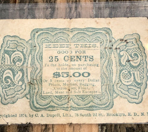Antique 1870s Dry Goods 25 Cent Coupon! Double-Sided / Jackson Tennessee Store