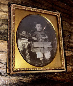 1/6 Daguerreotype Photo Little Boy with Feather Hat Open Book Or Toy 1800s 1850s