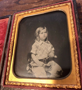 1850s Ambrotype Photo Cute Boy with Long Curls in Hair & Short Pants - Full Case