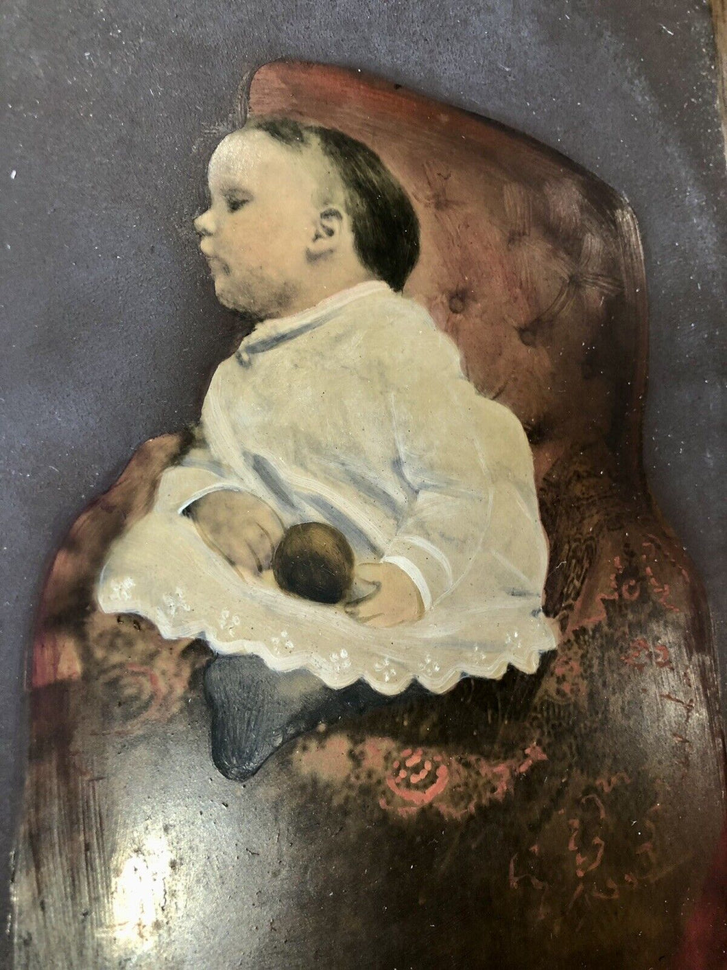 Very Rare Full Plate Painted Tintype Post Mortem Child w Ball Folk Art Painting