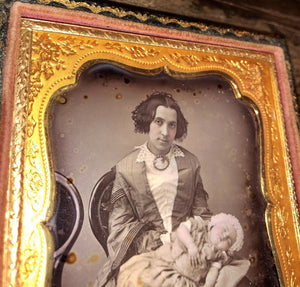 1/6 1850s Daguerreotype Pretty Woman Holding Sleeping Baby, One Shoe Missing
