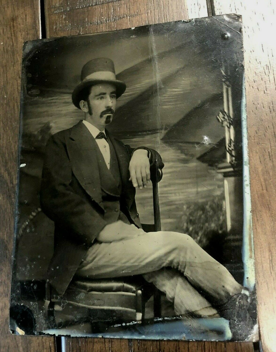 Big Half Plate Tintype Handsome Man with Goatee, Casual Pose, Painted Backdrop