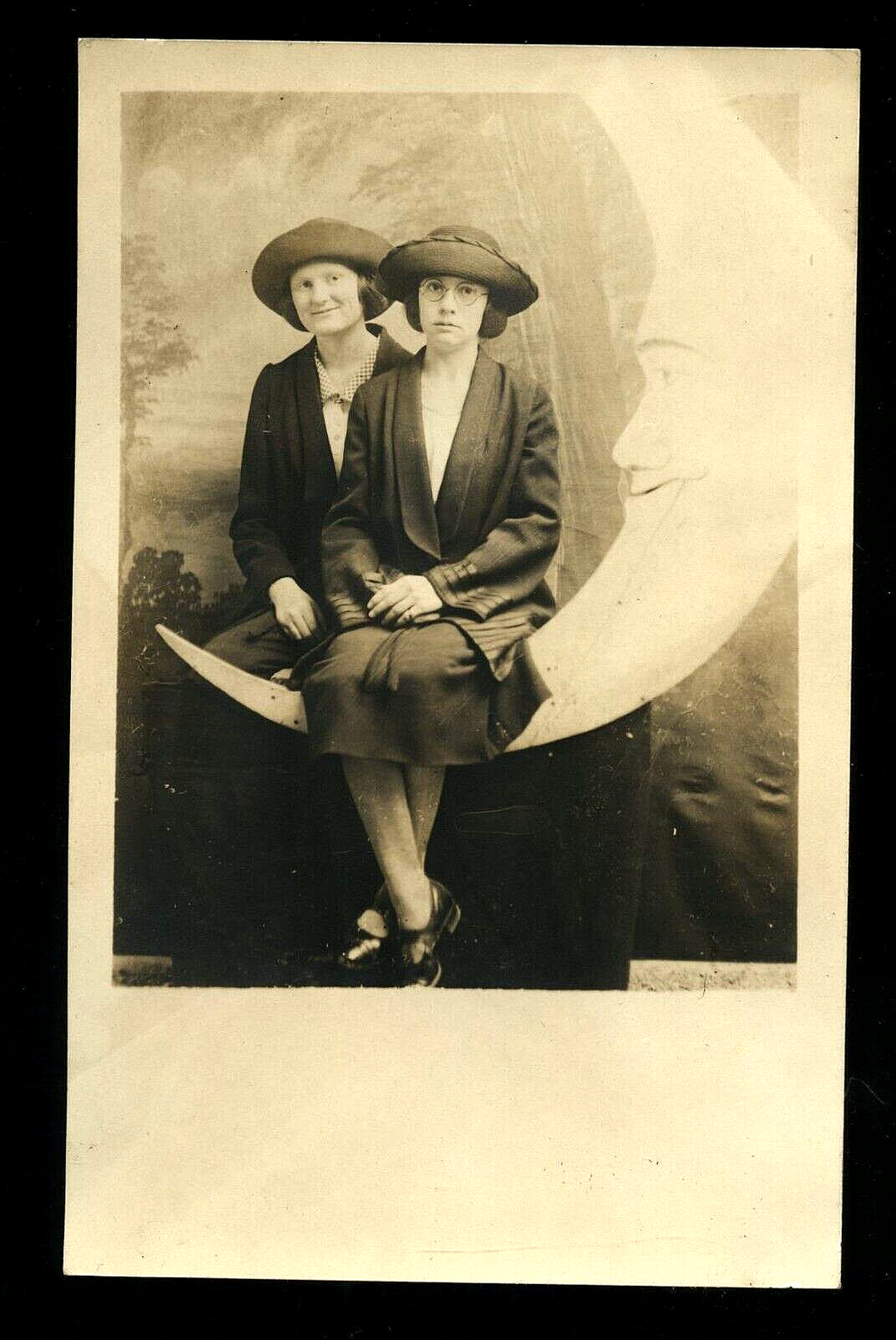 Two Women Sitting On Paper / Prop Moon 1920s Vintage Photo RPPC