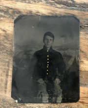 Load image into Gallery viewer, Teenage Civil War Soldier Camp Scene 1860s 1/6 Tintype Photo
