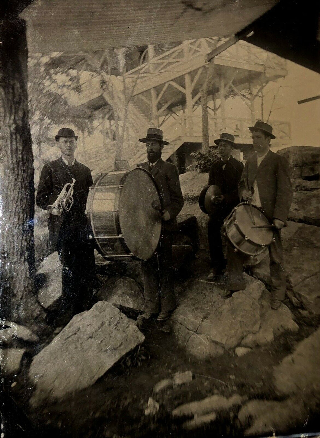 Excellent Tintype Group Of Outdoor Musicians / Music Band - Antique 1800s Photo
