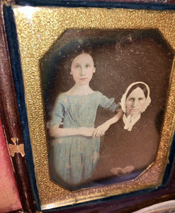 1/4 Daguerreotype Tinted Blue Dress Girl & Mother 1840s
